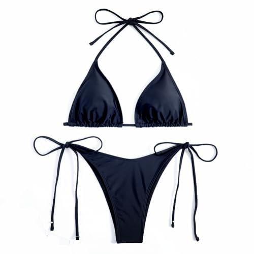 Teogneot Costume da Bagno Donna Due Pezzi Chic Regolabile Ties-up Triangolo Bikini con Tampone Toracico(Nero M)