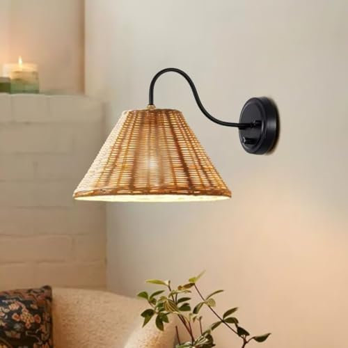 GUANSHAN Rattan Gewebte Wandleuchte Wabi-Sabi Stil Rattan Wand Beleuchtung Nachttisch Wandleuchte Dekorative Halterung Licht Nachtlampe für Wohnzimmer, Schlafzimmer
