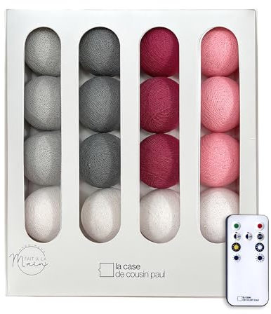 La Case de Cousin Paul Guirlande Lumineuse Chambre Enfant Boules Tissées LED, Télécommande, Programmable, USB, Fabriquée à la Main, Artisanale - 16 Boules (Les Demoiselles)
