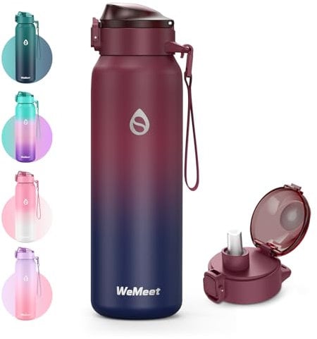 WEMEET Botella 18/10 Acero Inoxidable con Extraíble Paja 1000ml, Botella de Agua Termica Reutilizable, Botella de Agua de Pared Doble, sin bpa para Deporte, Gimnasio, Bicicleta (Azul Rojo)