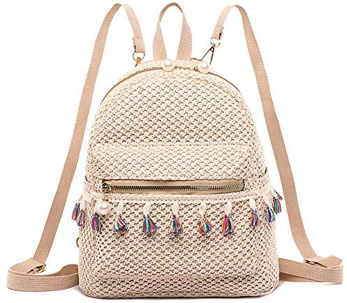LYEAA Mochila universal de paja para mujer, con borlas, para verano, playa, hombro, escuela, viajes, compras, viajes, beige