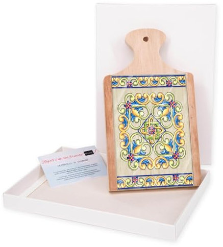 Lupia - Bomboniera con Scatola Bianca Tagliere in Legno con Vetro Stampato MAIOLICA Beige 12x21 cm, Idea Regalo per Matrimonio Cresima Comunione Battesimo Anniversario Compleanno
