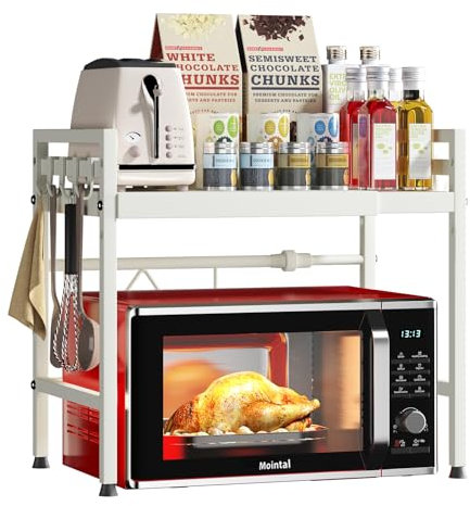 Mointal Soporte Extensible para Microondas, Repisa para Microondas 2 Niveles, Estante de Microondas Acero al Carbono, Organizador de Almacenaje de Cocina Ajustable con 8 Ganchos, Blanco