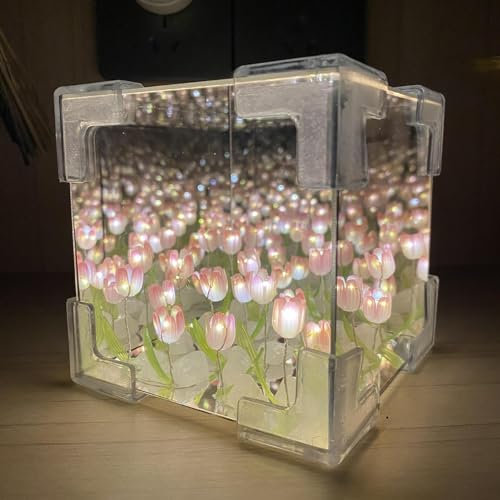 Eteslot Tulips Cube Lamp, Flower Tulips Lamp, Tulips Night Light Led Table Lamp, Handmade Cloud Tulips Night Light, Flower Lamp Desk Decor, Ambient Lighting Crafts