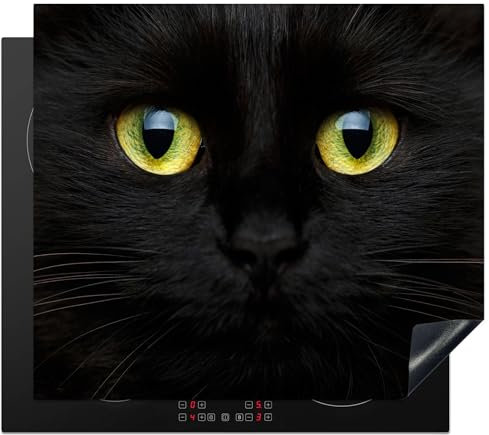 KitchenYeah© Protezione Piano Cottura Tappetino per Induzione 60x52 cm Cucina Proteggi Coprifornello Antiscivolo Gatto - Nero - Occhi - Giallo - Animali domestici