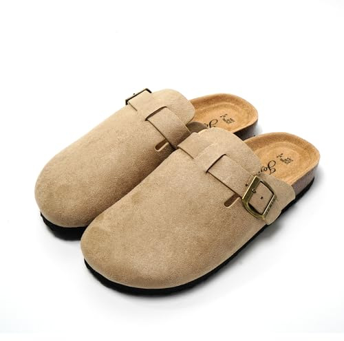 JOMIX Chaussons Sabots Femme en Daim avec Boucle Élégant Pantoufles Sandales à Semelle en Liège Confortable pour Intérieur et Extérieur MD2438 (Beige, 39)