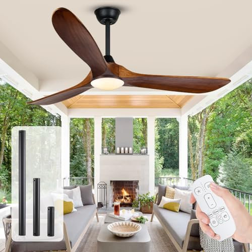 OUENGK Ventilatore da soffitto in legno moderno da 60 pollici con luce telecomando, ventilatore da soffitto a tre pale per interni e per esterni, 152 cm