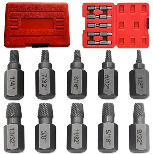 10 pcs Screw Extractor Set, BOSOIRSOU Broken Head Screw Hexagon Socket Bolt Removal Tool Easy Out Stripped Screw Extractor Set Stud Extractor for Stripped Broken Rounded Bolts, Screws, Studs - Red