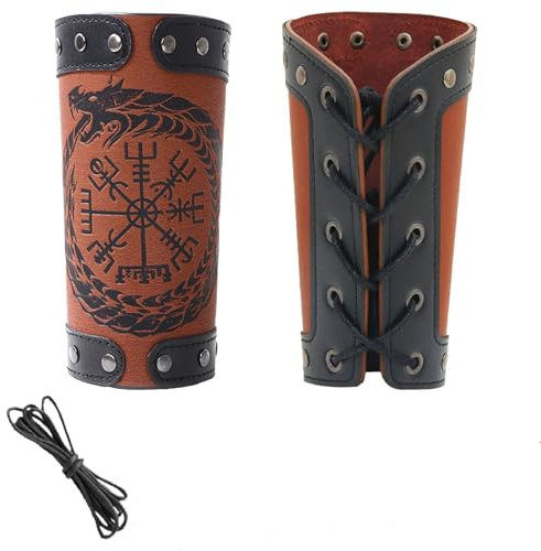 LUKIUP Kunstleder Armrüstung, Ritter geprägte Armschützer, Leder Armschiene Armmanschette Rüstung, Mittelalterliche PU Leder Armschienen für LARP Aktivitäten, Halloween