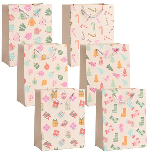 THE TWIDDLERS - 6 große Weihnachtstüten mit Henkeln für Weihnachten - Verschiedene Designs, je 1 Stück, Geschenktüten-Multipack mit bunten Designs - 24cm x 18cm Geschenktüten