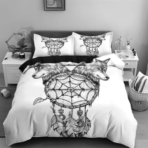 Tomifine Wolf Bettwäsche Set Mikrofaser Dreamcatcher Bettbezug mit Traumfänger und Wolf Motiv und Kissenbezug für Teenager, Kinder, Erwachsene, Jungen (135x200 cm/80x80cmx2,Grau)