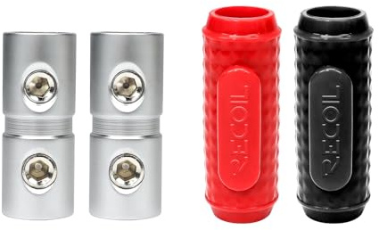 Recoil BC04 Pair Insulated Power Wire in-line Splice Connector for 0-4 AWG Cable, Allen Set Screw Butt Connector, Brass with Satin Chrome Plating, Pair Red & Black Reuseable Silicone Covers