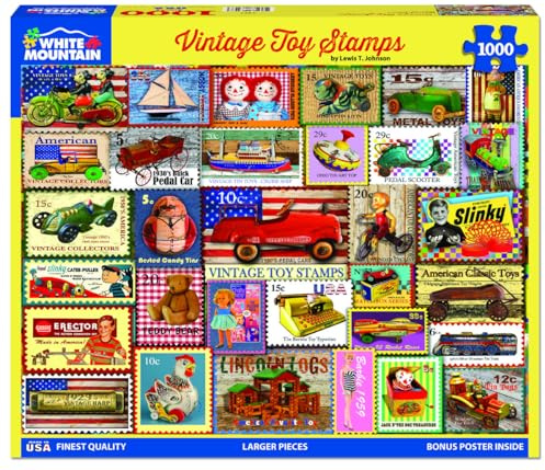White Mountain Vintage Toy Stamps 1000 Piece Puzzle for Adults Fun Collage Jigsaw Puzzles for Summer