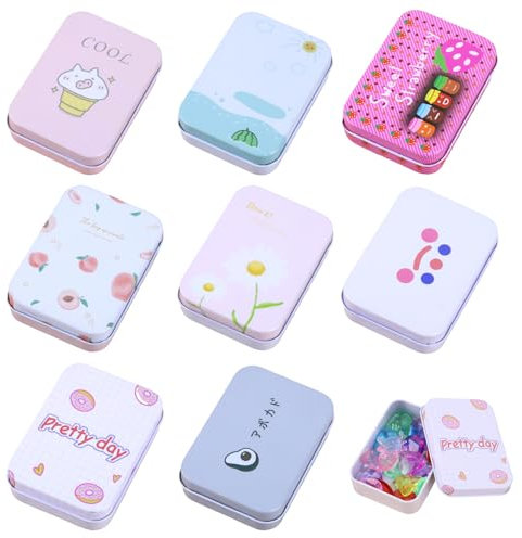 Prmape Pack of 8 Metal Tins with Lids, 90 x 65 x 25 mm Fruit Tin Metal Box with Lid Small Metal Tin Tins Colourful for Small Items and Other Craft Projects