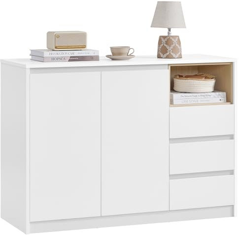 VASAGLE KAILYN Collection - Sideboard, Storage Cabinet with Doors, 3 Drawers and Adjustable Shelf, 40 x 103.3 x 74.5 cm, for Living Room, Kitchen, Study, Cloud White BBK273W21V1