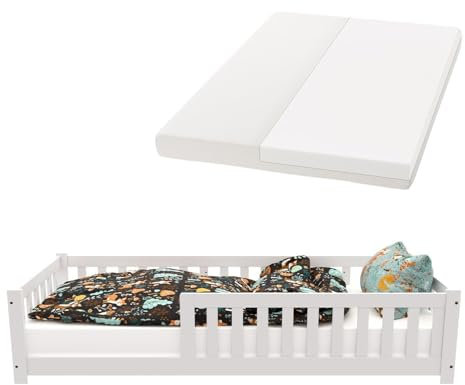 Juskys Kinderbett Naya - 90x200 cm Bett mit Matratze, Rausfallschutz & Lattenrost - Holz Bodenbett für Kinder 3-10 Jahre - Bettgestell Weiß