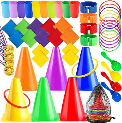 Chennyfun 49 Stücks Outdoor Spiele Set, Wurfspiel Gartenspiele Eierlaufen für Kindergeburtstag, 4 in 1 Draußen Partyset, Dosenwerfen, 3Bein Rennen, Medaillen, Jungen Mädchen Erwachsene Geschenkidee