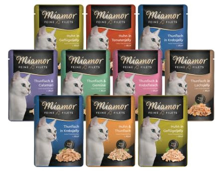 Miamor Feine Filets in Jelly 10 x 100g | Getreidefrei, Fettarm, Ohne Zucker & Nebenerzeugnisse, Hochwertige Filetstückchen | im Frischebeutel | Nassfutter für Katzen | Garantierter 5-Sorten-Mix