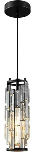 Crystal Pendant Lamp with Battery, Without Power Connection, Rechargeable Pendant Light with Remote Control, Battery Operated, 7 Colour Conversion for Kitchen Island, Bedside Table, Bedroom (Black)