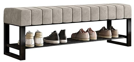 Boucle Gepolsterte Schuhbank mit Stauraum, 2 Etagen, schwarzes Metall-Schuhregal für Schlafzimmer, Schrank, Flur, Schlammzimmer, Eingangsbereich, Bettbank