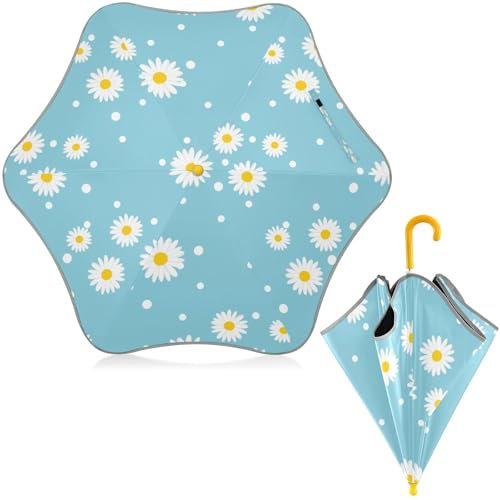 Kinder-Regenschirm, weiße Gänseblümchen, blaue Punkte, für Regen, UV-/Sonnenschutz, für Jungen und Mädchen, mit einfachem Hakengriff, multi