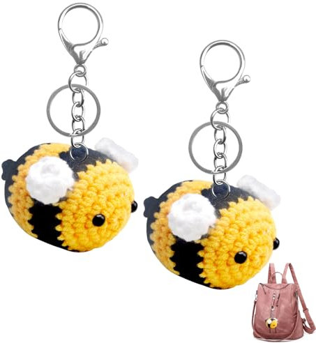 ZesNxj 2 Stück Schlüsselanhänger Biene Häkeloptik, Weicher Schlüsselanhänger Plüsch in Tierform, Niedliches Hummel Kuscheltier als Schlüsselanhänger Tier für Taschen, Rucksäcke oder als Geschenkidee