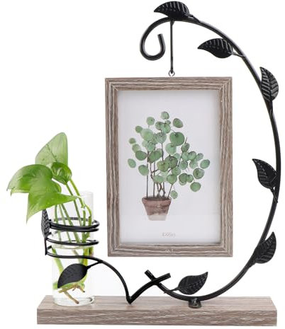 JTgugu 10x15cm Bilderrahmen Holz mit Vase und Metall Ständer Doppelglas Fotorahmen Personalisiert Vintage Holzbilderrahmen Fotogeschenke Bilder Weihnachten Hochzeit Familie Geschenk für Mama Oma-Grau