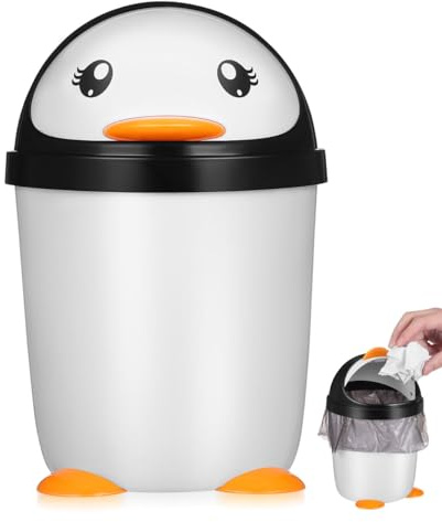 Operitacx Cute Penguin Small Swing Bin with Lid, 21 x 14 x 14cm Plastic Desk Bin, Kids Bedroom Mini Wastebasket for Office, Bathroom, Study Table, Car and Home, White