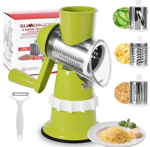 Cheese Grater, Rotary Cheese Grater with 3 Stainless Steel Graters,Cheeses Grater Rotary with Suction Cup Base, Rotary Grater,Rotary graters for Kitchen for Cucumber, Carrots, Nuts and More