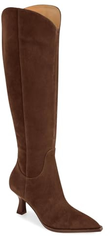 Coutgo Womens Wide Calf Knee High Boots Kitten Heel Pointed Toe Tall Boots Side Zipper Fall Winter Shoes, Dark Brown, Size 8