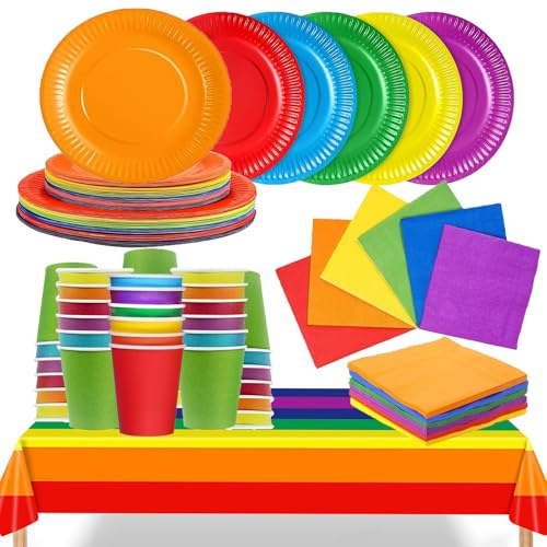 Set di 97 piatti di carta colorati per feste, piatti colorati fai da te in colori arcobaleno, piatti di carta colorati fai da te per feste di compleanno fai da te, feste di compleanno e festa