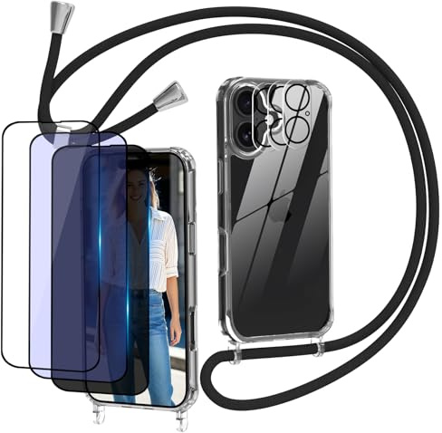 Dniodio 7 in 1 Coque avec Cordon pour iPhone 17 avec 3 Verre Trempé [HD+Anti-Lumière Bleue+Confidentialité][3 Caméra Protecteur],Transparente Anti-Jaunissement Antichoc Protection Complète Cover