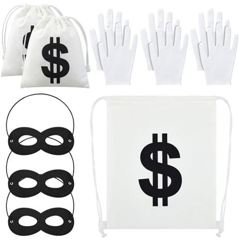 Xuniea 3 Sets Panzerknacker Bankräuber Kostüm für Karneval Cosplay | 1 Stück 46 cm Turnbeutel, 2 Stück 20 cm Geldsack, 3 Schwarze Einbrecher Maske, 3 Baumwollhandschuhe, Team Kostüm