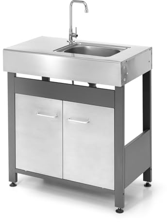 Fregadero de jardín de acero inoxidable con mueble base, grifo alto, puertas modulares, estructura gris y plata, módulo exterior