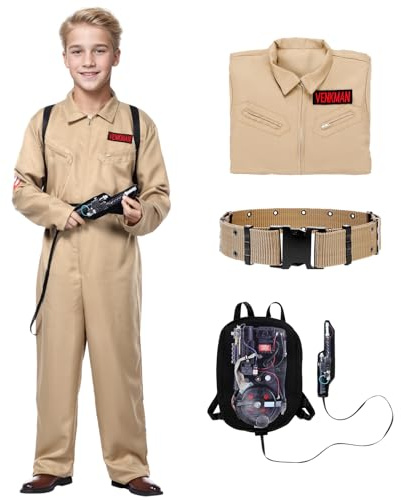 Ficlwigkis Faschingskostüme für Jungen,Jäger Outfit Karnevalskostüme Overalls Kinder mit Jumpsuit Schultertasche Belt Kostüme zum Thema Film (130)