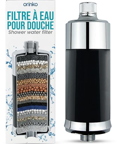 ORINKO Filtre Douche Anti-Chlore - Filtre à Eau Douche Élimine Métaux Lourds et Bactéries - Cartouche 45 400 L - Adoucisseur d'Eau pour Douche - Compatible Tuyau Flexible - Peau et Cheveux Protégés