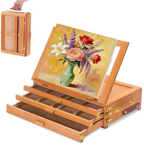 Tischstaffelei Holz,Verstellbare Hölzerne Aufbewahrungsbox Mit Drei Schubladen Und Staffelei, Tragbarer Kunsttisch Für Malerei Und Zeichnung, Geeignet Zur Aufbewahrung Von Farben, Markern Und Stiften