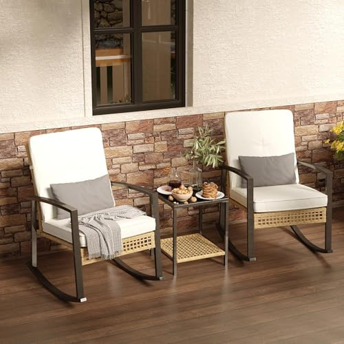 GRAVFORCE 3 Pieces Patio Bistro Set Outdoor Rocking Chair and Table Set with Lumbar Pillow Patio Bistro Chair Sets for Garden Backyard Poolside