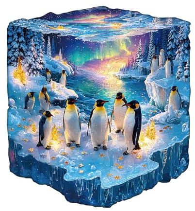 Jigfoxy Ice Cube Penguin Wooden Jigsaw Puzzles for Adults, 265pcs Unique Animal Shape Wood Puzzles, Birthday Gifts for Family Friend with wooden box(13.4 * 12.2in)