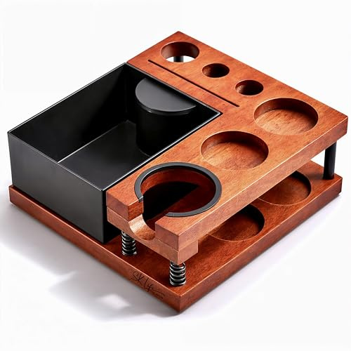 SKLife style design Tamperstation Espresso 51–58 mm – Premium Coffee Tamping Station aus Sapeli Holz mit Knock Box – Barista Zubehör & Stopfstation Organizer für Siebträger