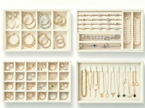 Velvet Jewelry Tray Drawer Organizer Trays, 4 Pack Stackable Jewelry Storage Inserts Set, Beige Jewelry Tray Set with Removable Dividers for Earrings, Necklaces, Rings, Bracelets for Vanity & Dresser