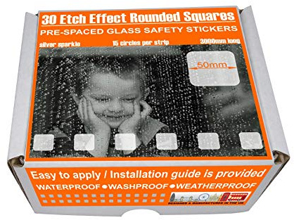 Pack of 30 Rounded Squares 50mm in Diameter Etch Effect Glass Safety Stickers Front Shop Patio Window Doors Easy Application Professional SMART Look PRE-Spaced (3000mm in Length) 2 Long Strips