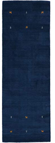 carpetfine Wollteppich Gabbeh Uni Läufer Blau 75x200 cm | Moderner Teppich für Wohn- und Schlafzimmer