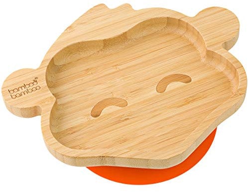 bamboo bamboo Baby Teller Kinderteller, Kindergeschirr mit Saugnapf, Sugnapf Teller Baby ab 6 Monaten (Affe, Orange)