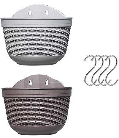 Set mit 2 Stück Hängepflanzgefäßen für den Außenbereich, Kunststoff-Blumentopf, Pflanzenhalter, Aufhänger für Balkon, Zaun, Wandmontage, Pflanzgefäße, Zaun, Pflanzgefäße mit Drainage und 4 Haken