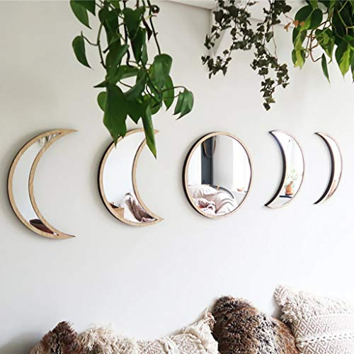 5 Stück skandinavische natürliche Dekoration Acryl Wanddeko Spiegel Inneneinrichtung Design Holz Mondphase Spiegel Bohemian Wanddekoration für Zuhause Wohnzimmer Schlafzimmer Dekor – Acryl
