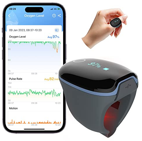 Wellue O2Ring Pulse Oximter, Bluetooth SPO2 Blood Oxygen Saturation Monitor - Wearable O2 Ring Sensor with Vibration Reminder, Free APP & PC Report, Rechargeable