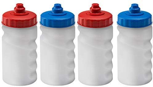 Foxberry 300ml Children's Small Refillable Water Bottles - 4 Pack - Hands Free Lid - Leakproof Spout - BPA Free - Blank For DIY Branding and Decoration - Dishwasher Safe - (Red Blue Lids)