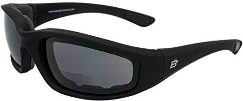 Birdz Eyewear Oriole Padded Safety Bifocal Motorcycle Glasses Black Frame Smoke Lenses 2.0 Magnification Carry Bag