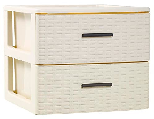 Acan Tradineur - Cajonera de ordenación Rattan de plástico - 2 cajones - Torre de almacenaje Multiusos, Organizador Auxiliar, Almacenamiento, baño - 31,5 x 36,5 x 36,5 cm - Color Marfil